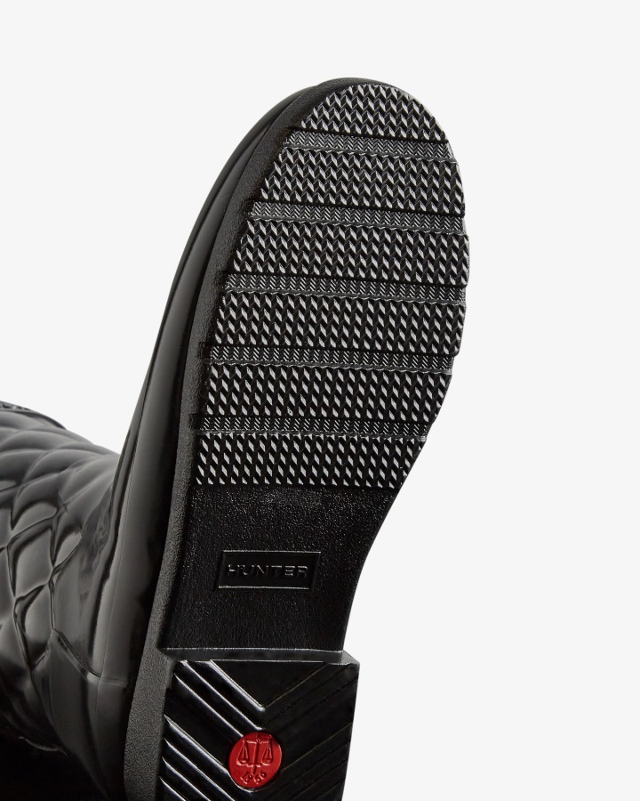 Wyrafinowane Damskie, Dopasowane, Regulowane, Pikowane Kalosze Przeciwdeszczowe Hunter W Kolorze Czarnym