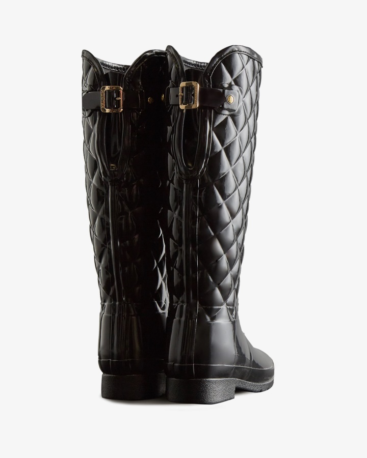 Hunter Wyrafinowane Damskie, Dopasowane, Regulowane, Pikowane Wysokie Kalosze Przeciwdeszczowe Czarne