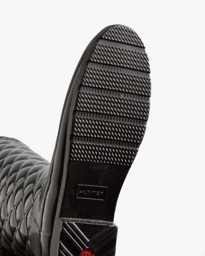 Hunter Wyrafinowane Damskie, Dopasowane, Regulowane, Pikowane Wysokie Kalosze Przeciwdeszczowe Czarne