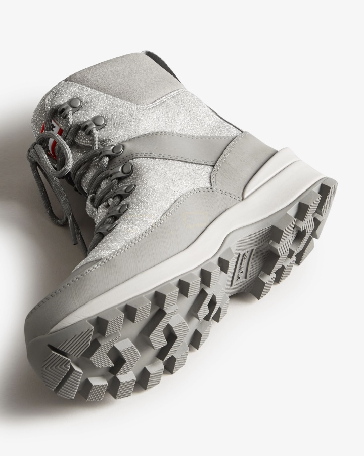 Ocieplane Damskie Buty Komandosowe Z Brokatem Hunter Srebrno-tundra Szare