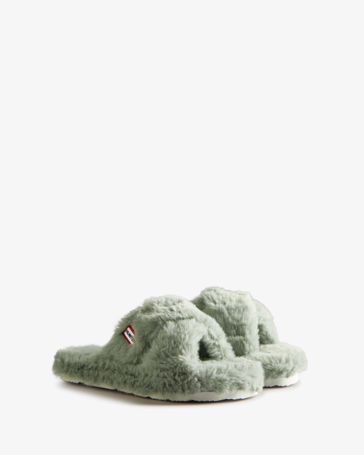 Hunter Damski Faux Futerkowy Crossover Slide Słodki Wichurowy Zielony