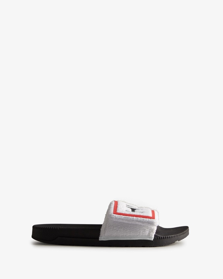 Hunter Damskie Frotte Frotte Logo Regulowane Klapki Biało-czarne